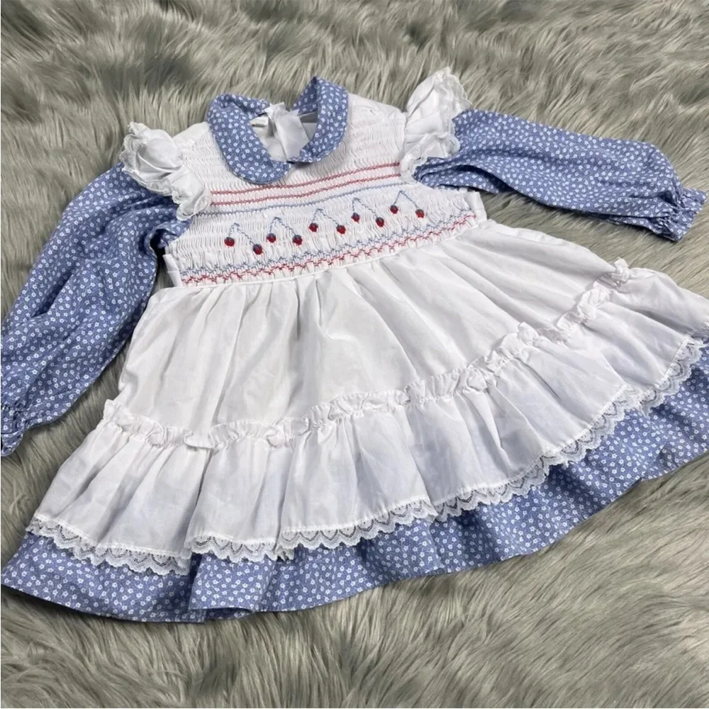 Vintage Toddler Girls Cradle Togs Blue White Floral Ruffle Dress